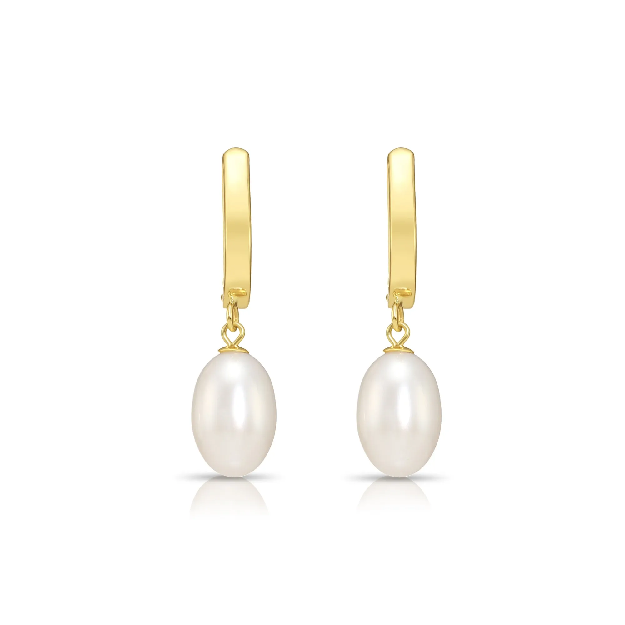 14K Gold Freshwater Pearl Drop Earrings, Huggie Design