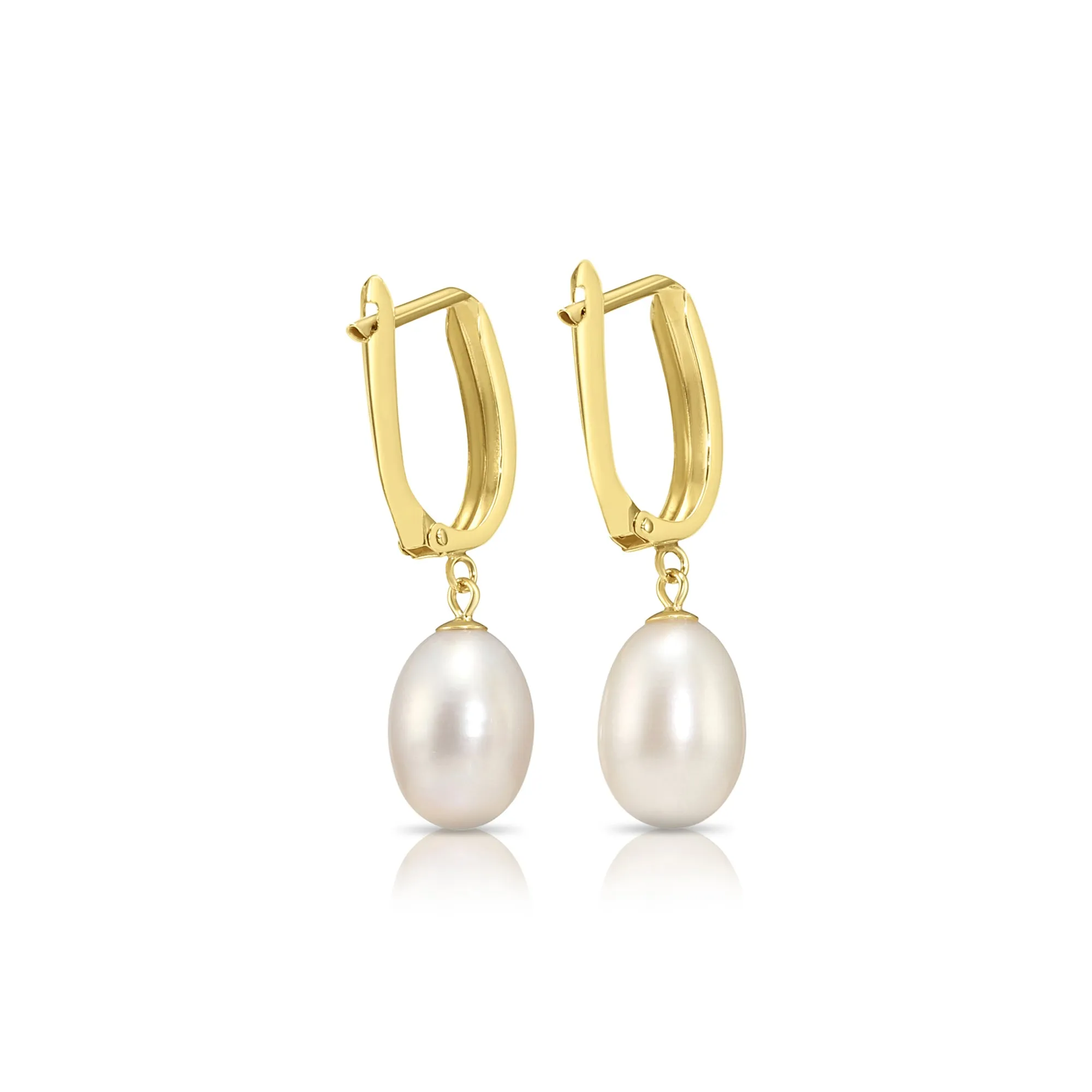 14K Gold Freshwater Pearl Drop Earrings, Huggie Design