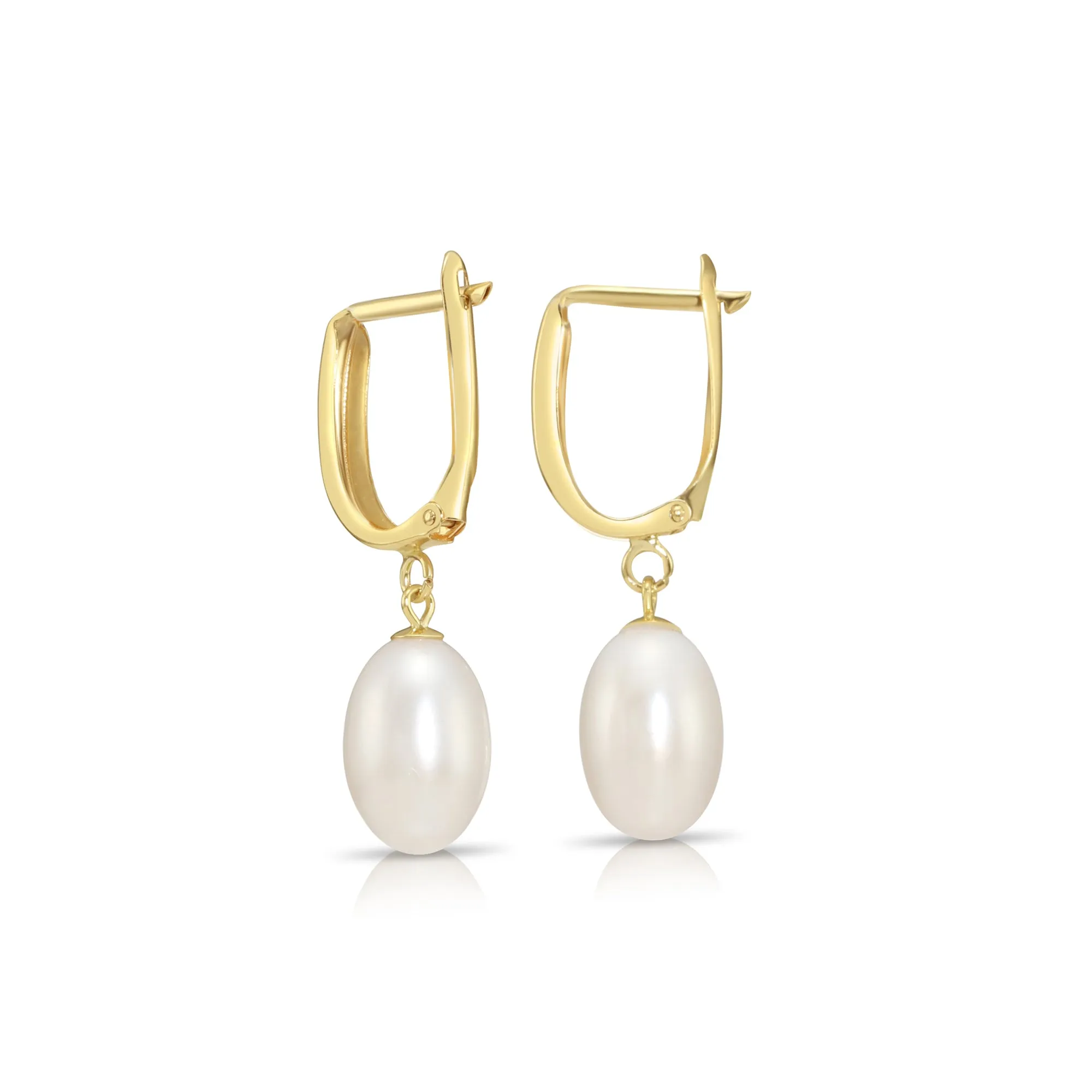 14K Gold Freshwater Pearl Drop Earrings, Huggie Design