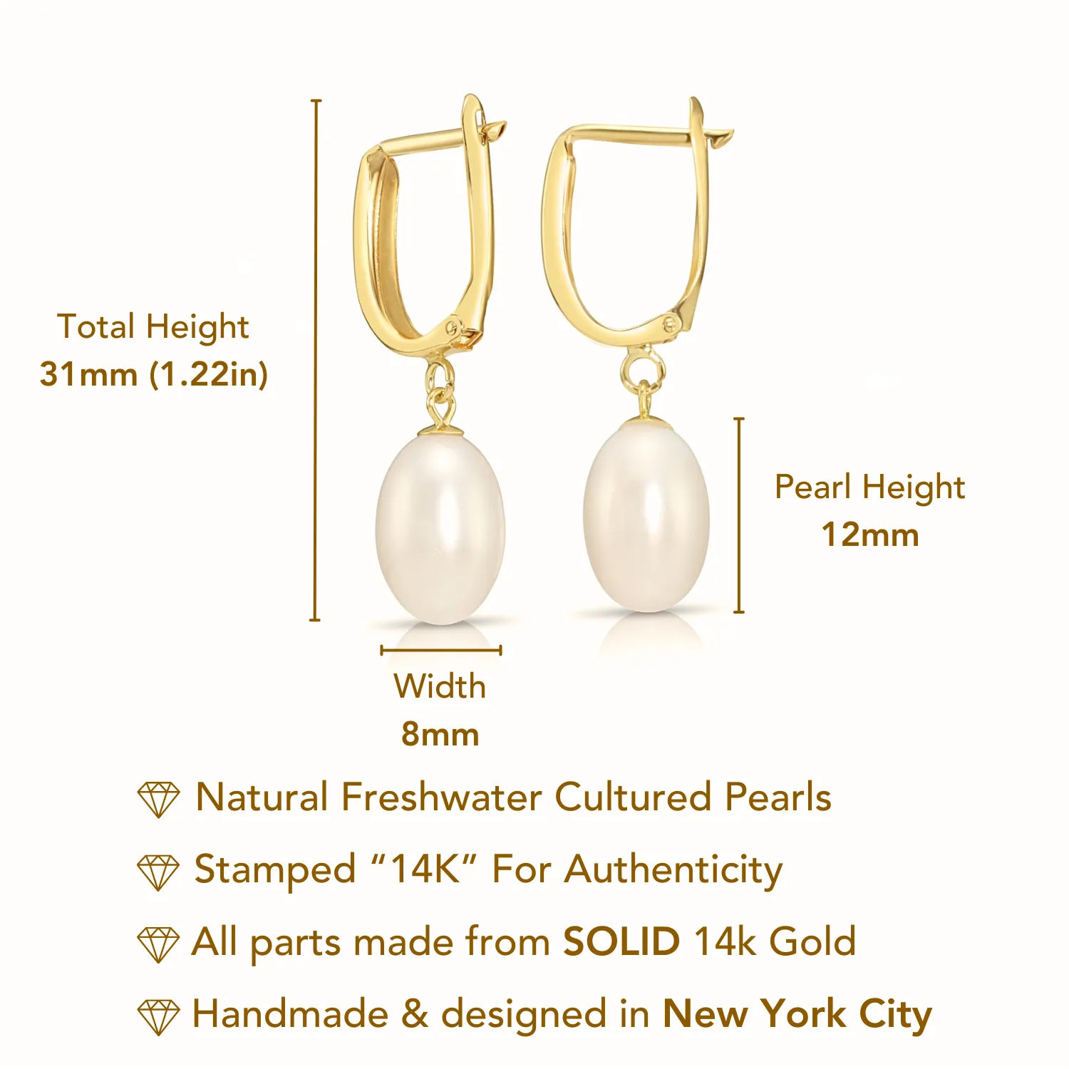 14K Gold Freshwater Pearl Drop Earrings, Huggie Design