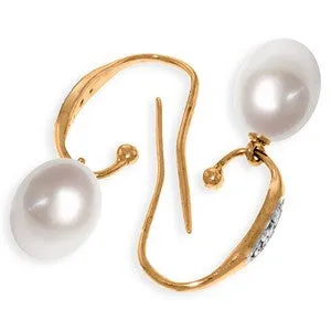14K Solid Rose Gold Fish Hook Diamond & Pearl Earrings