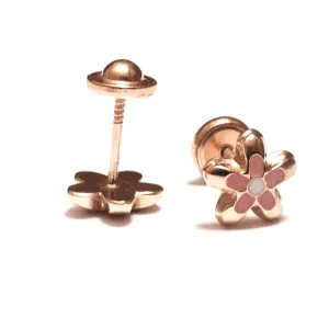18K Gold Pink/White Flower Screw Back Earrings
