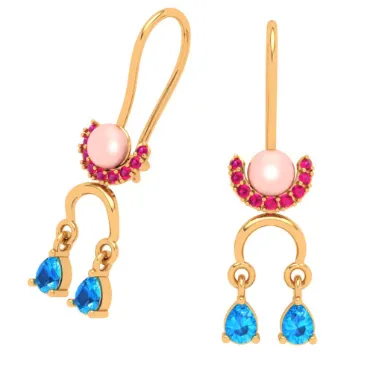 22k Dangle Gold Earrings With Blue & Red Gemstones Goldlites Collection