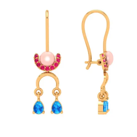 22k Dangle Gold Earrings With Blue & Red Gemstones Goldlites Collection