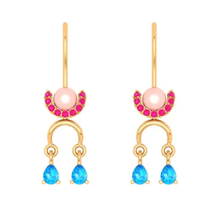 22k Dangle Gold Earrings With Blue & Red Gemstones Goldlites Collection