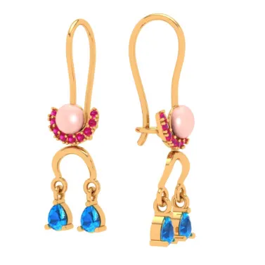 22k Dangle Gold Earrings With Blue & Red Gemstones Goldlites Collection