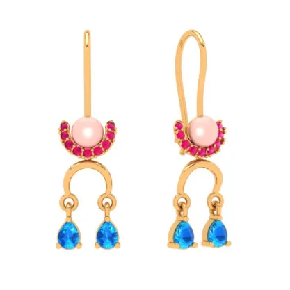 22k Dangle Gold Earrings With Blue & Red Gemstones Goldlites Collection