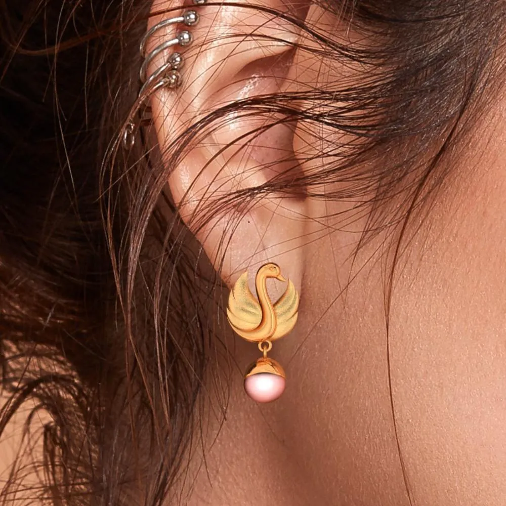 22k Gold Swan With Pink Ball Earrings