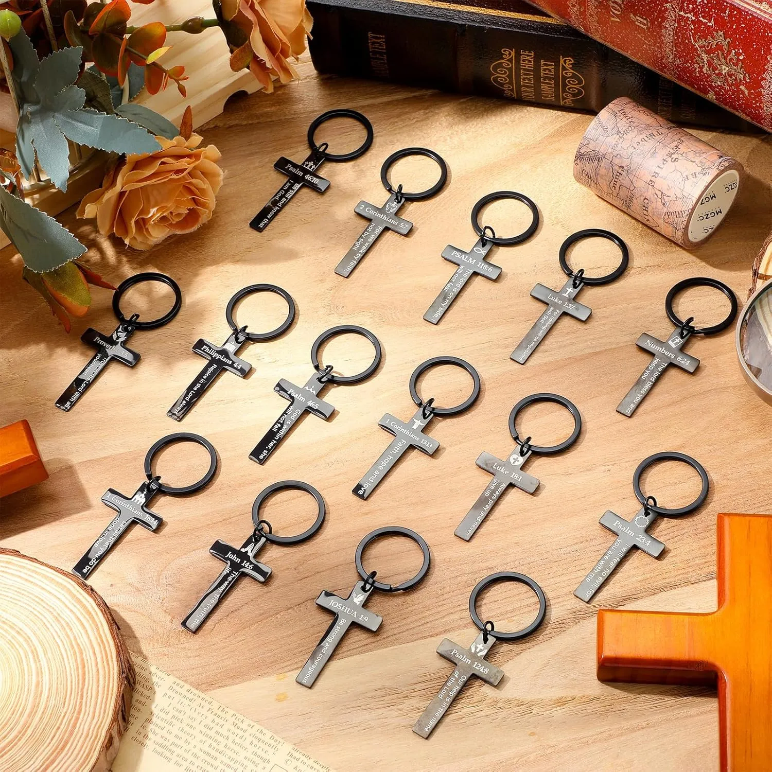 45 Pcs Christian Cross Keychain Bulk 15 Styles Bible Verse Keychain Stainless Steel Religious Inspirational Gifts