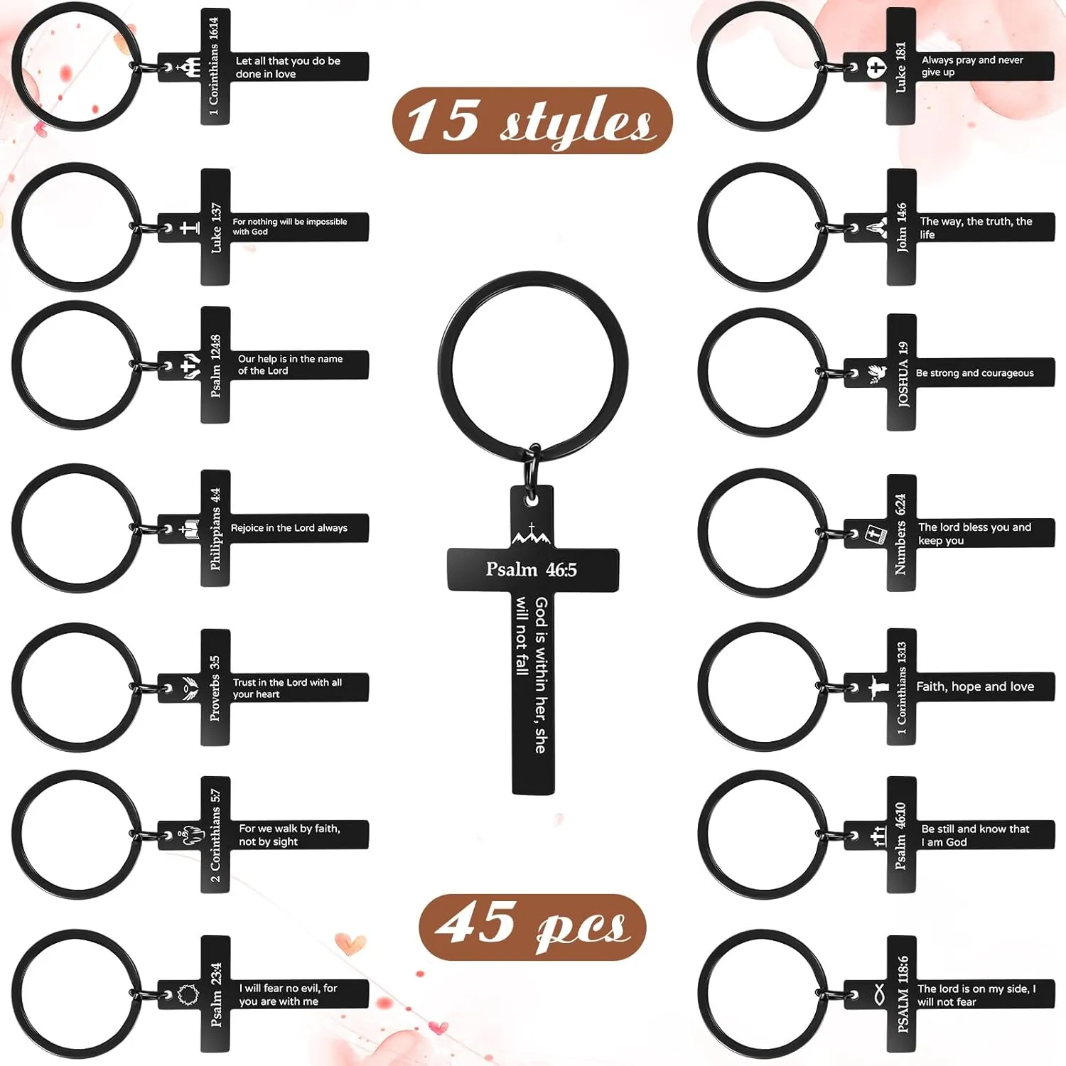 45 Pcs Christian Cross Keychain Bulk 15 Styles Bible Verse Keychain Stainless Steel Religious Inspirational Gifts