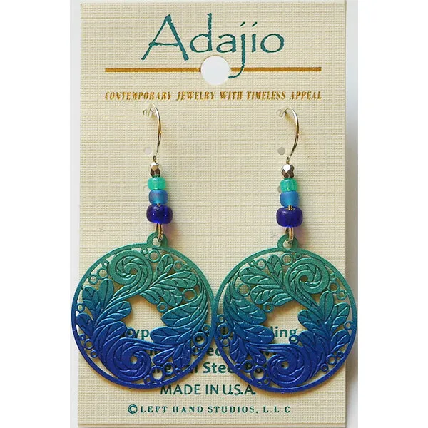 Adajio Blue & Green Disc with Etched Leaves Design Pierced Earrings