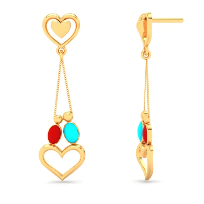 Alluring 22k Gold Twin Birds And Hearts Designer Dangler Earrings From Goldlites Collection
