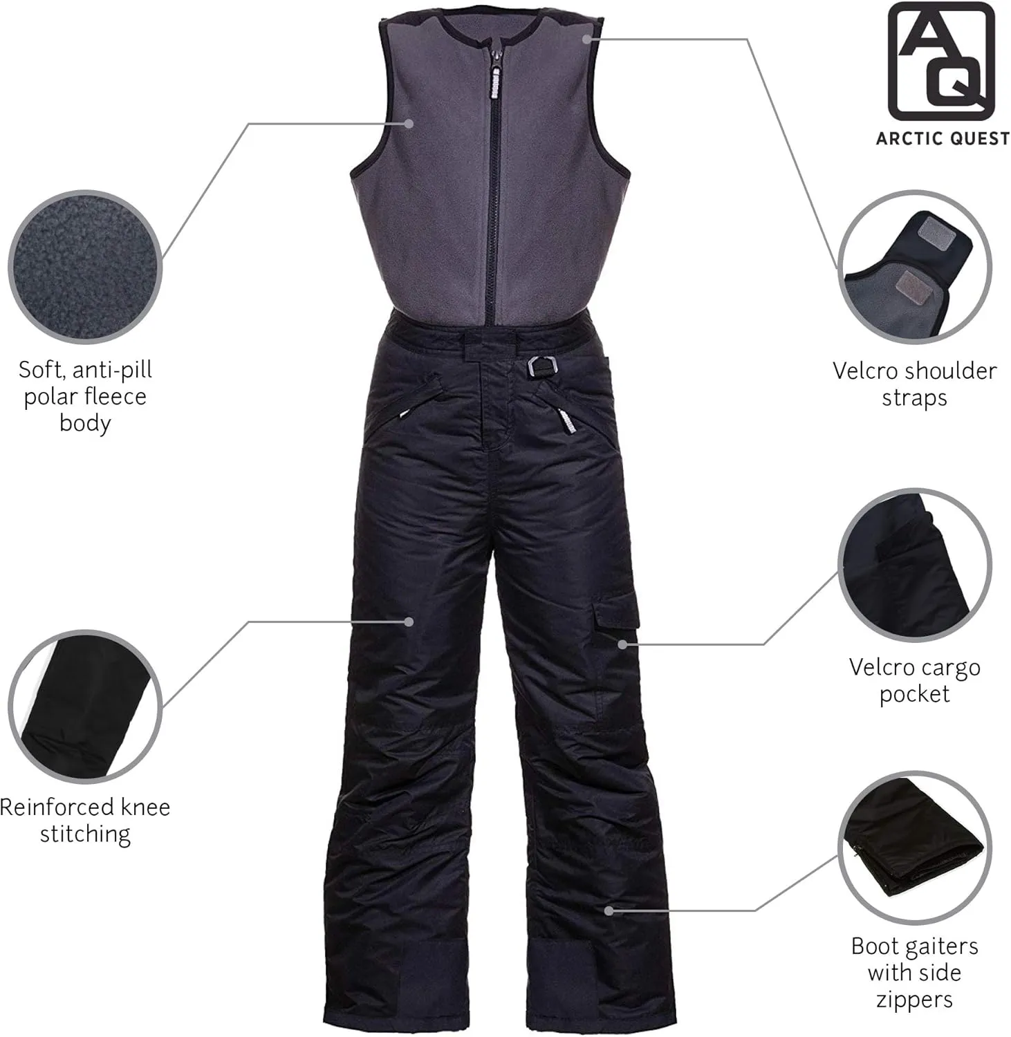Arctic Quest Polar Fleece Water Resistant Insulated Unisex Boys and Girls Unisex Ski & Snow Bib Pants Overalls