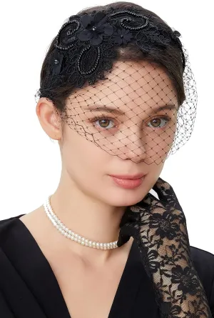 BABEYOND Bridal Wedding Veil Fascinator Mesh Lace Headband Tea Party Flower Fascinator Funeral Hats for Women