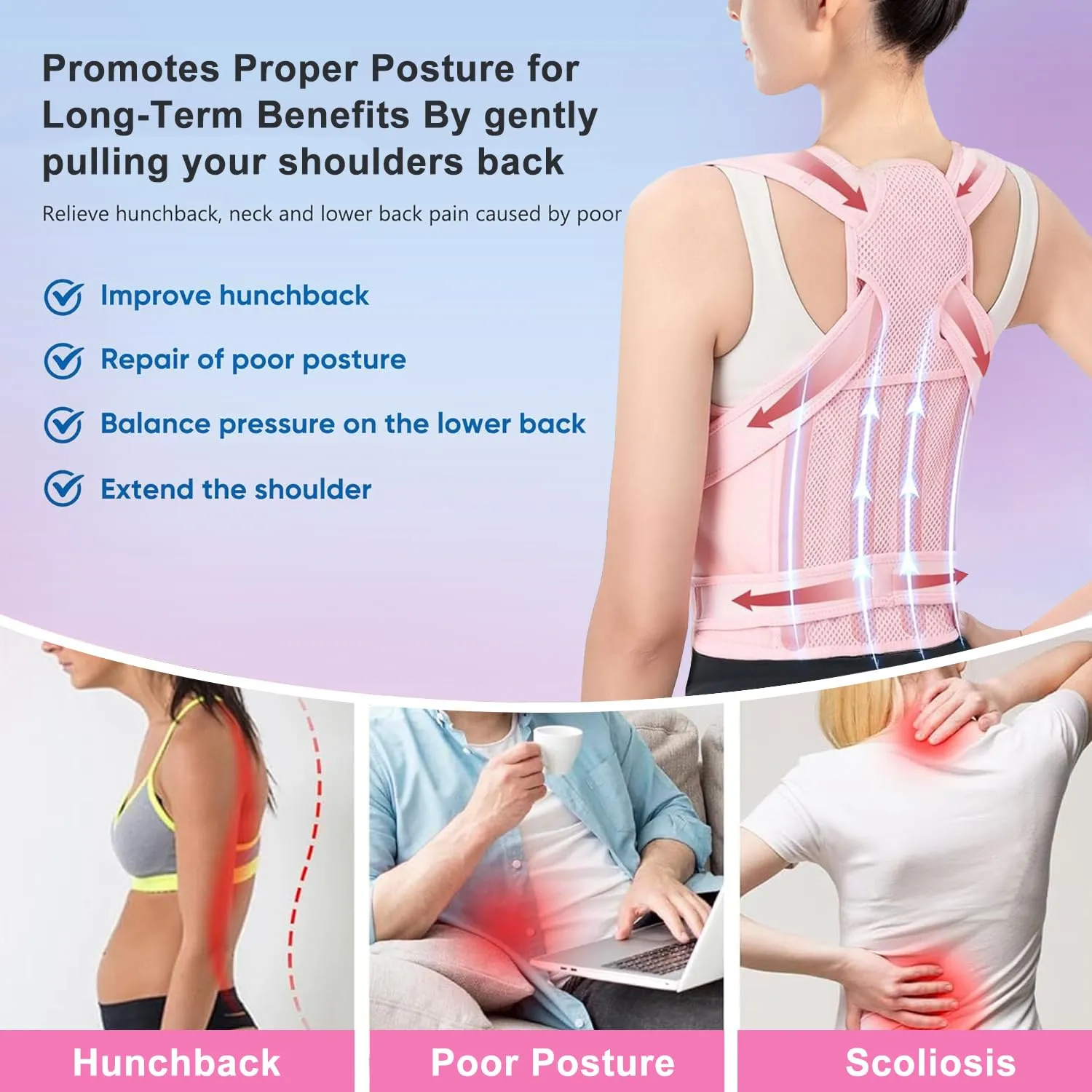 Back Posture Corrector for Women - Adjustable Straightener Back Brace Posture Corrector Under Clothes (Pink, Medium)