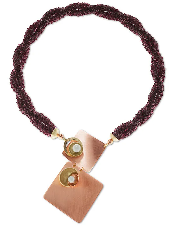 BLAZE Deep Purple Czech Glass Hand-Sewn Front Closure Necklace with Copper & Brass from the BEADED  Collection