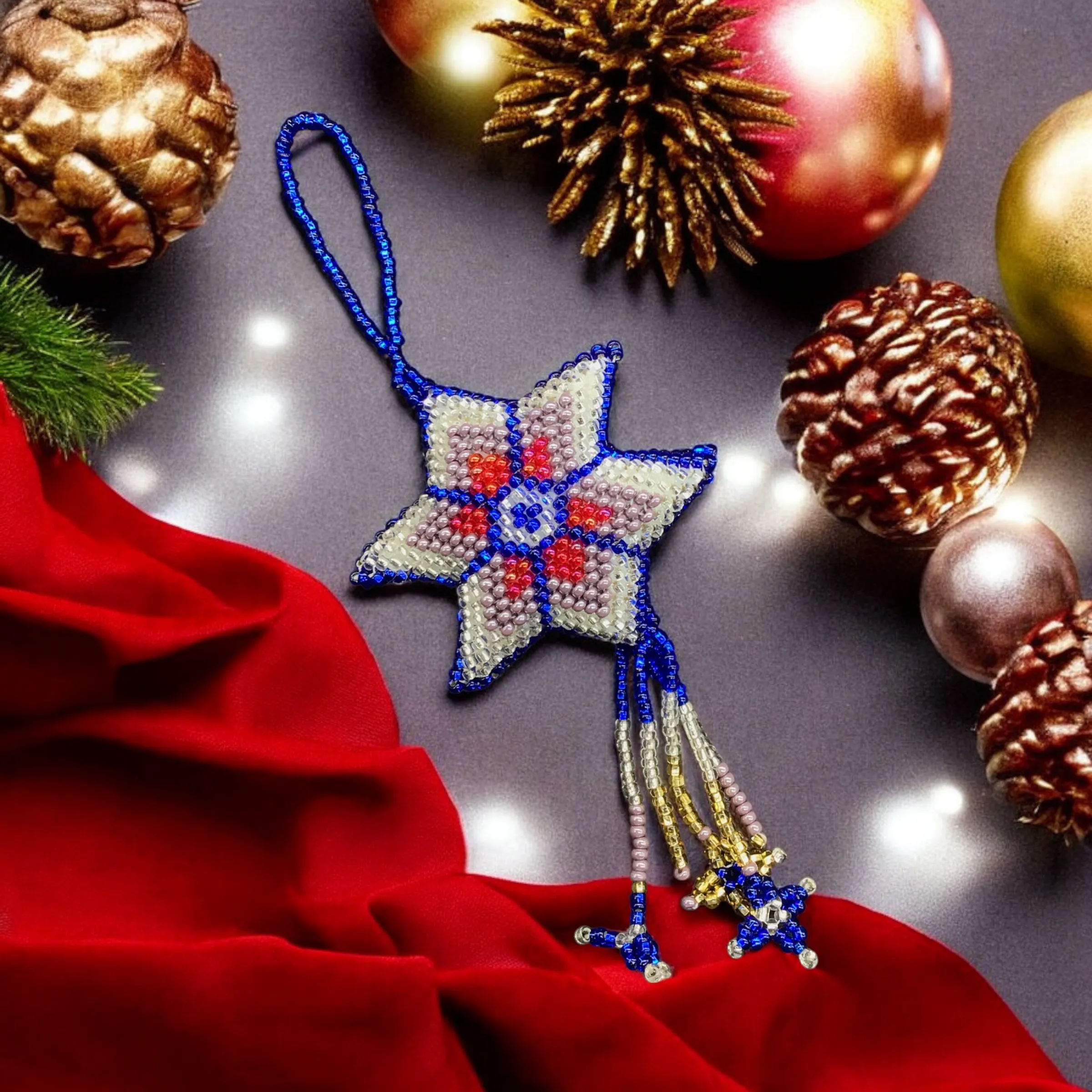 Blue and Red Handmade Beaded Star