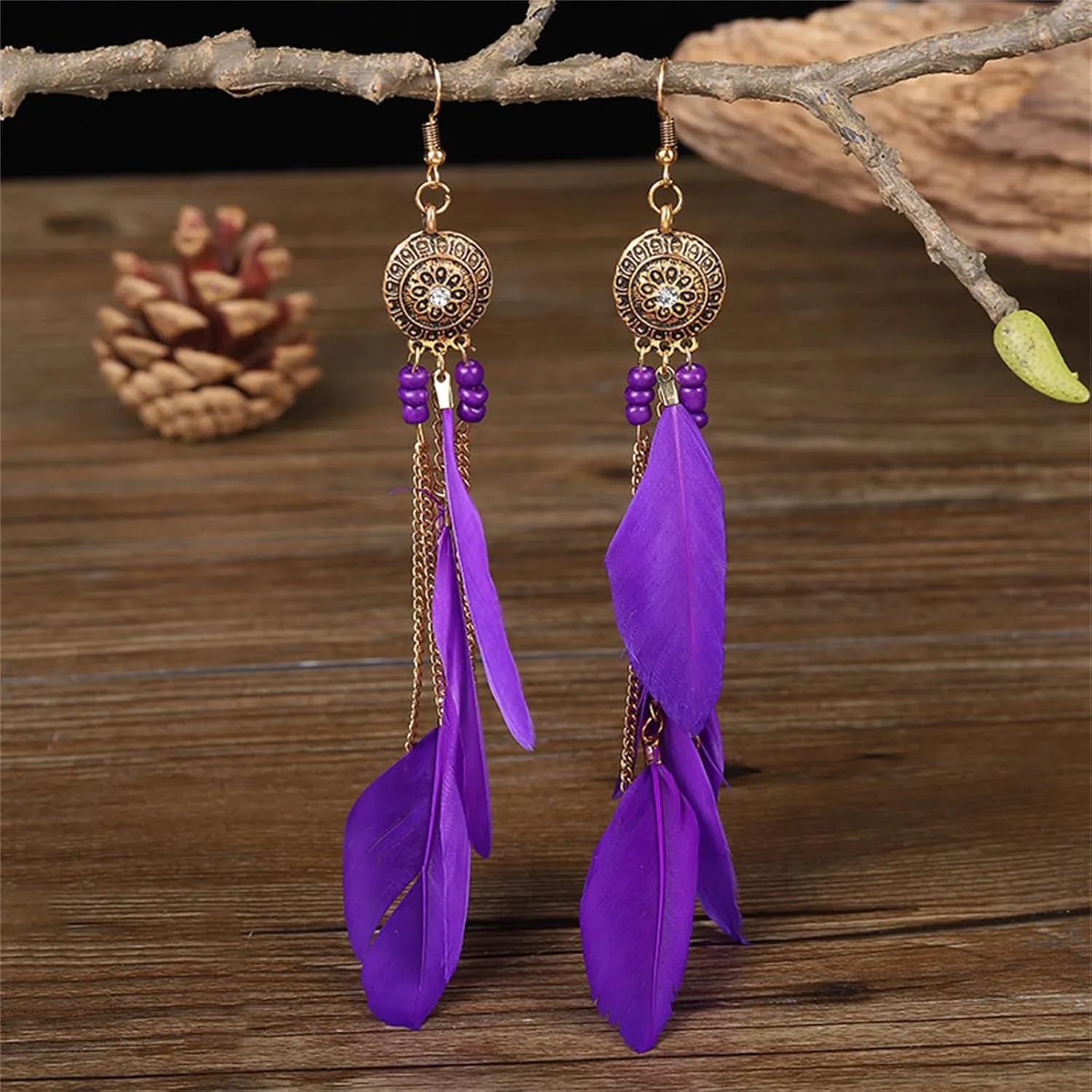 Bohemian Feather Earrings Gold Plated Handmade Boho Colorful Seed Beaded Feathers Long Chain Tassel Lightweight Dangle Drop Earrings for Women Ethnic Style Wedding Bridal Vacation Fashion Jewelry Gifts