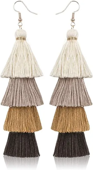Bohemian Layered Long Pom Pom Tassel Earrings Drop Dangle Tiered Ombre Fringe for Women