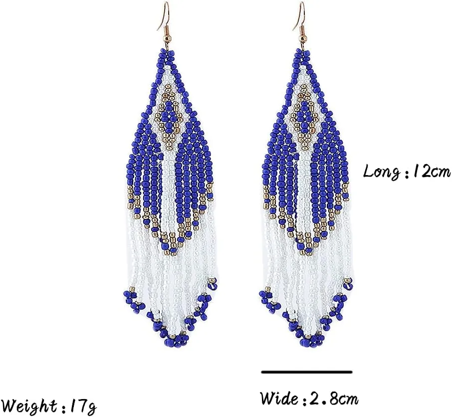 Bohemian Long Rice Beaded Tassel Earrings,Boho Native Handmade Woven Seed Bead Drop Dangle Earrings Statement Jewelry for Women Summer Holiday