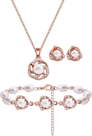 Bridesmaid Jewelry Set for Women 18K Gold & Silver & Rose Gold Plated Love Knot Pendant with Pearl Necklace Earrings Bracelet Set for Wedding/Proposal/Party/Prom Gift