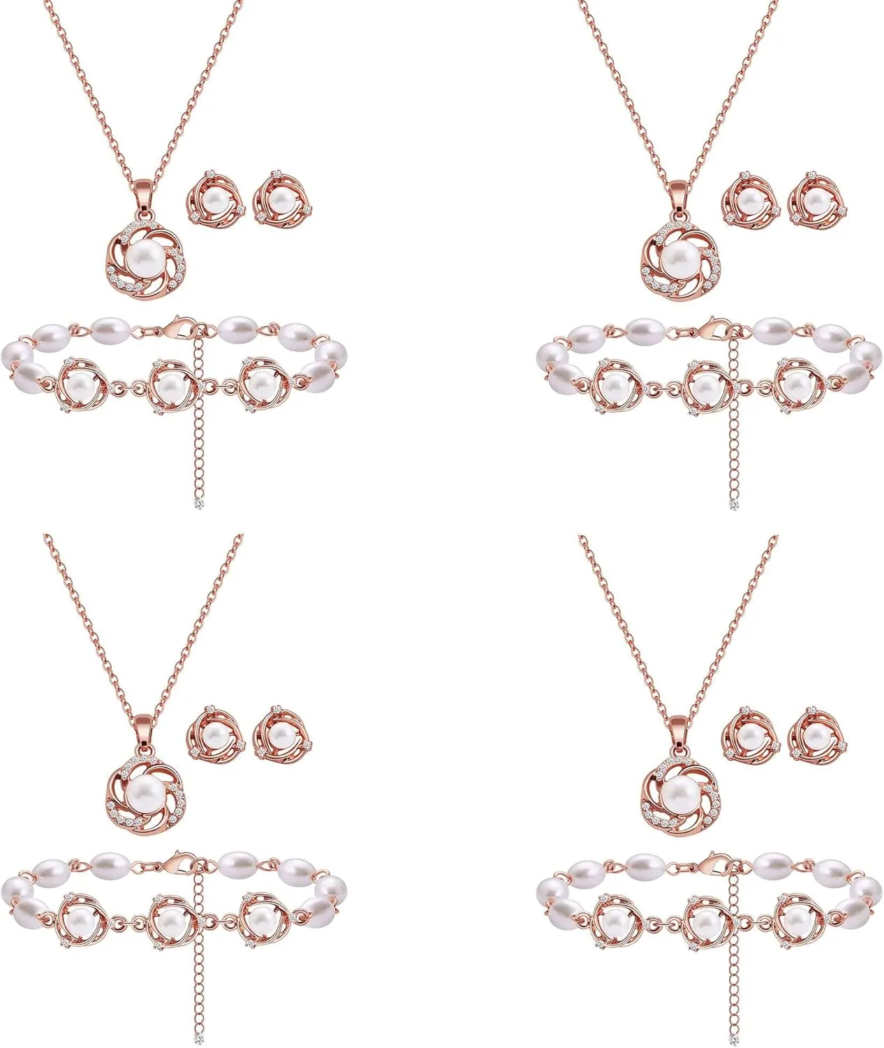 Bridesmaid Jewelry Set for Women 18K Gold & Silver & Rose Gold Plated Love Knot Pendant with Pearl Necklace Earrings Bracelet Set for Wedding/Proposal/Party/Prom Gift
