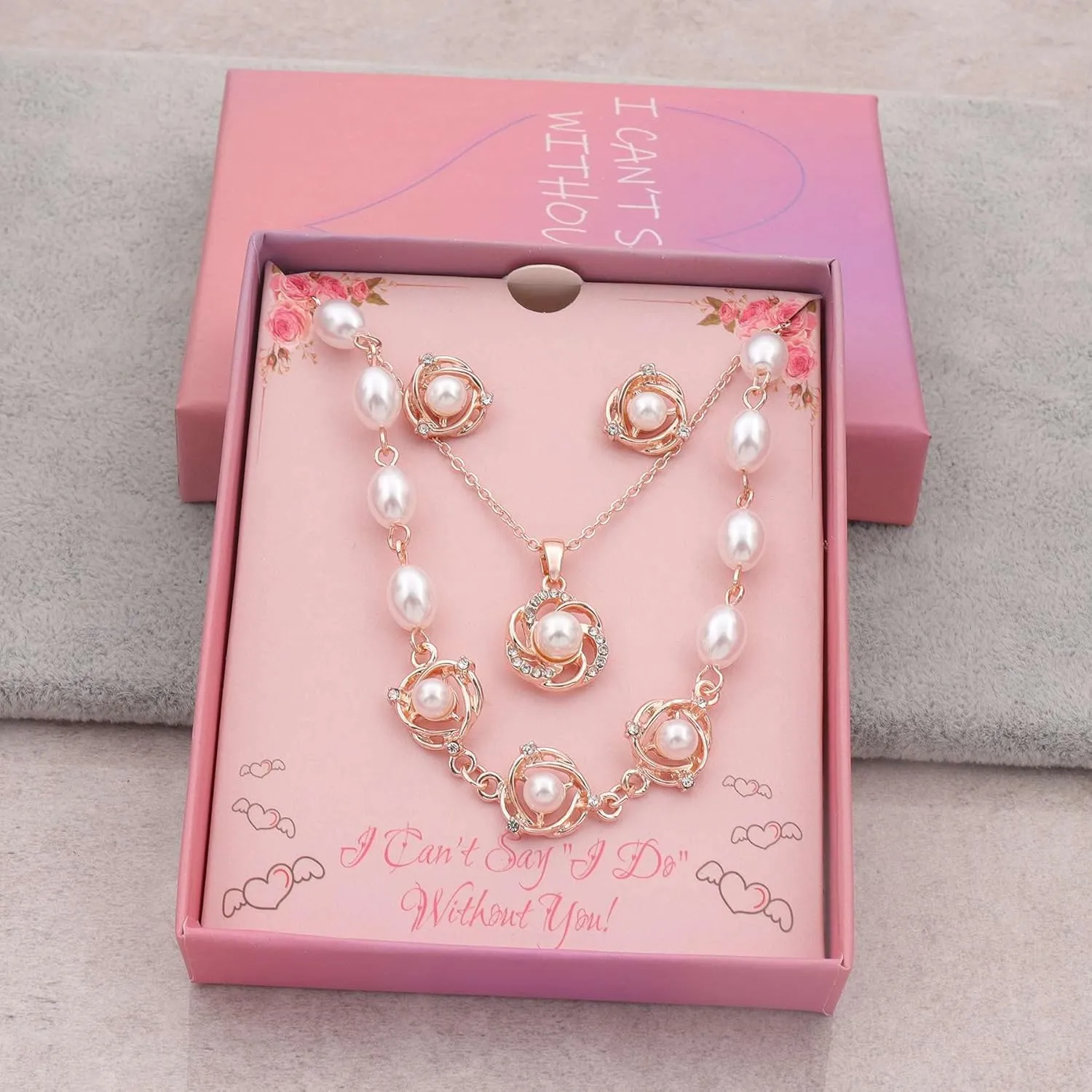 Bridesmaid Jewelry Set for Women 18K Gold & Silver & Rose Gold Plated Love Knot Pendant with Pearl Necklace Earrings Bracelet Set for Wedding/Proposal/Party/Prom Gift