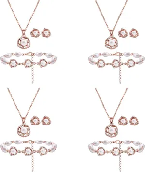 Bridesmaid Jewelry Set for Women 18K Gold & Silver & Rose Gold Plated Love Knot Pendant with Pearl Necklace Earrings Bracelet Set for Wedding/Proposal/Party/Prom Gift