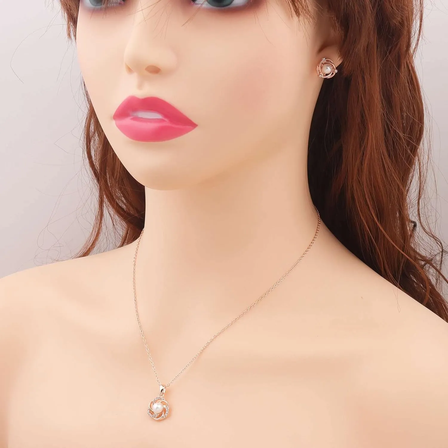 Bridesmaid Jewelry Set for Women 18K Gold & Silver & Rose Gold Plated Love Knot Pendant with Pearl Necklace Earrings Bracelet Set for Wedding/Proposal/Party/Prom Gift