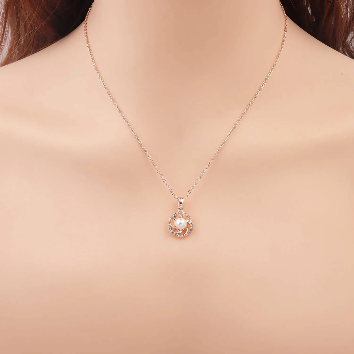 Bridesmaid Jewelry Set for Women 18K Gold & Silver & Rose Gold Plated Love Knot Pendant with Pearl Necklace Earrings Bracelet Set for Wedding/Proposal/Party/Prom Gift