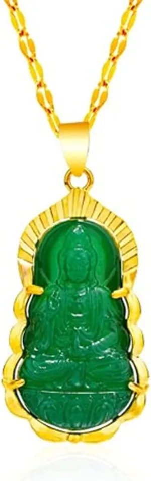 Buddha Quan Yin Pendant Guan Yin Beaded Chain Necklace Jade Stone Beads Kwan-yin Chinese Feng Shui Amulet for Wealth Safe (Golden)
