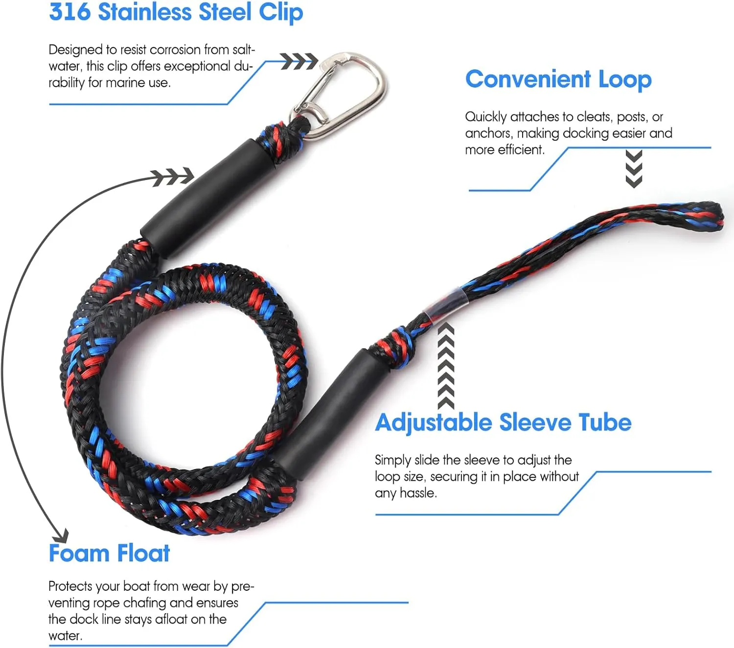 Bungee Dock Lines, Boat Dock Rope, Jet Ski Accessories with Stainless Clip for for Jet Ski (Black Blue Red)