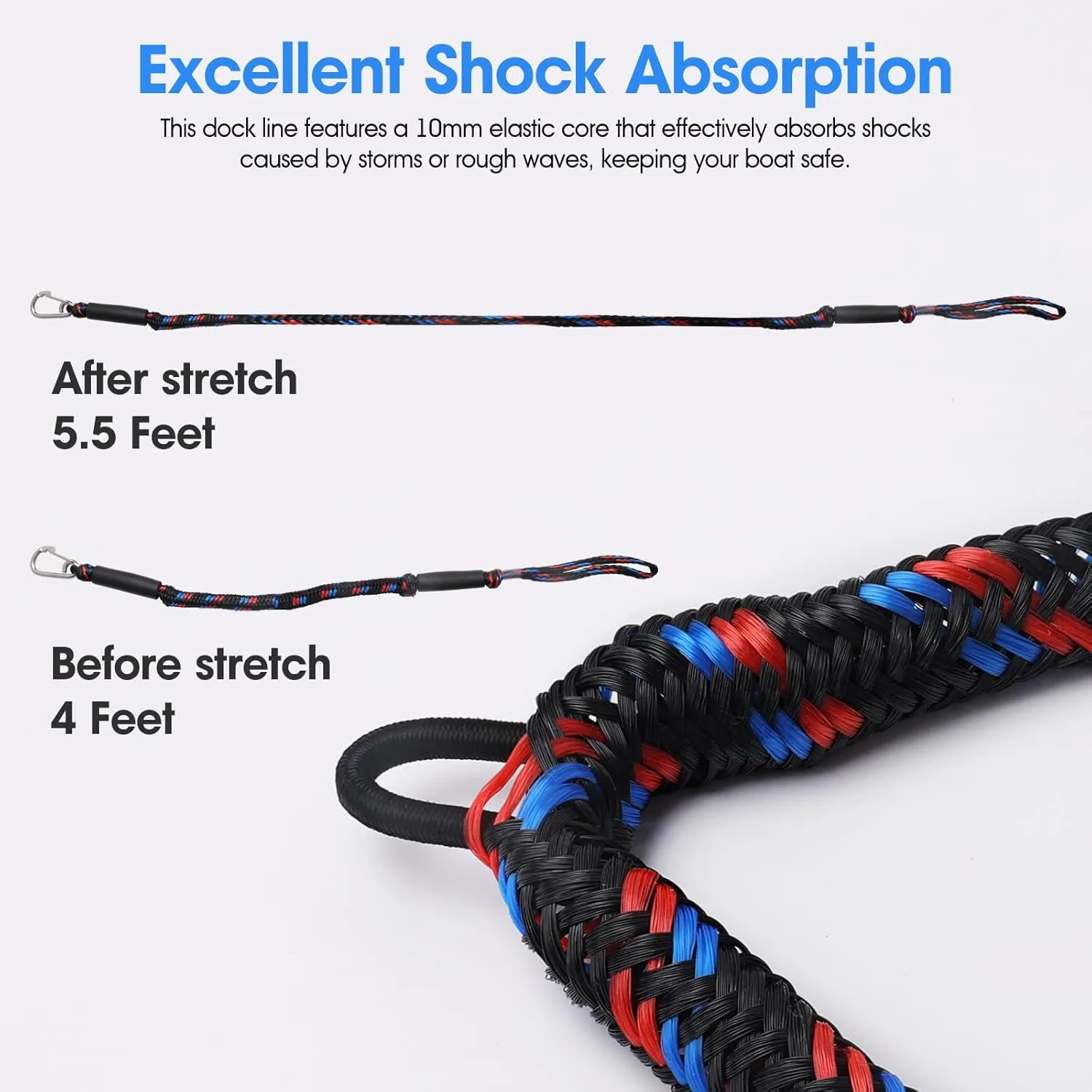 Bungee Dock Lines, Boat Dock Rope, Jet Ski Accessories with Stainless Clip for for Jet Ski (Black Blue Red)