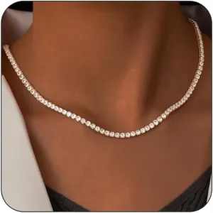 Dainty Tennis Necklaces for Women 14K Gold Plated Thin CZ Tennis Necklace Faux Diamond Tennis Chain Adjustable Tennis Choker Necklace for Women Necklace for Prom