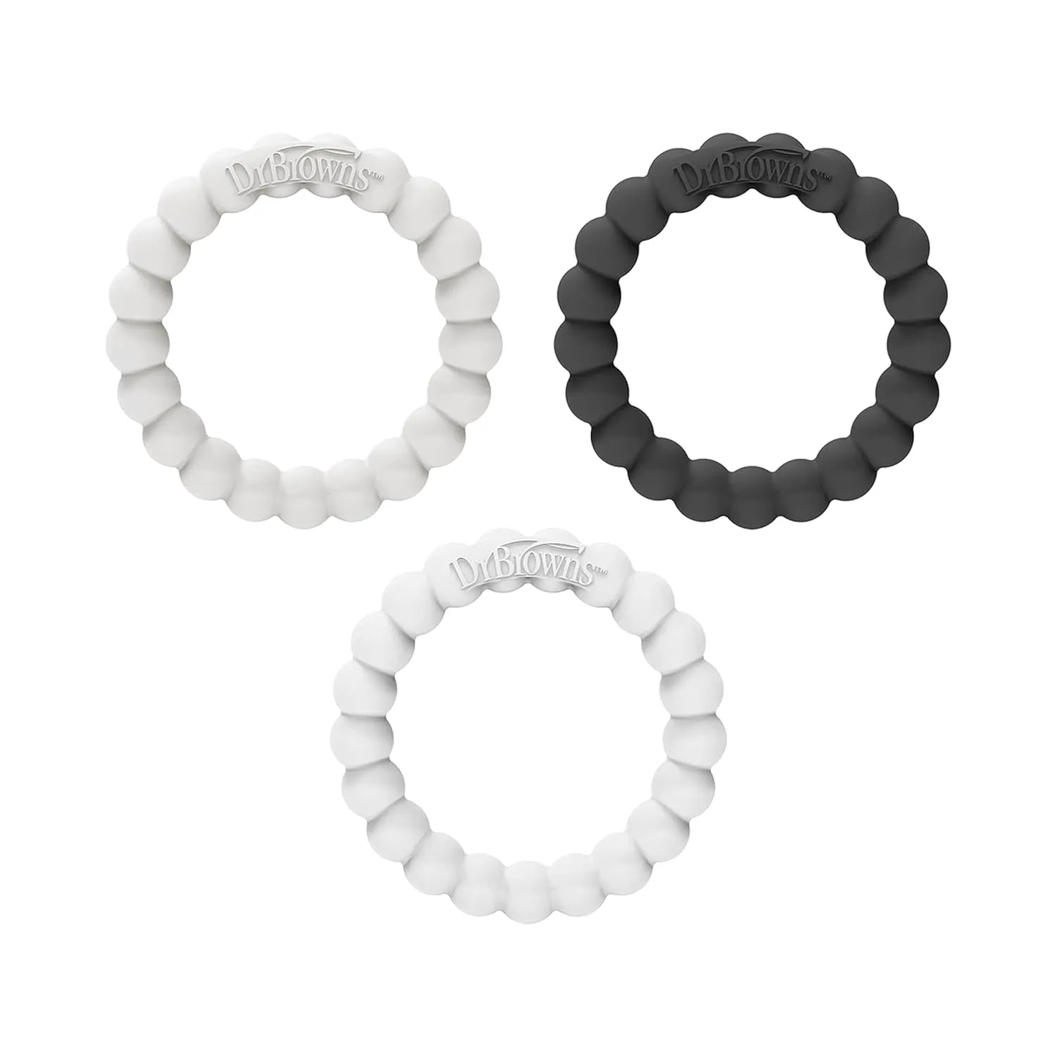 Dr. Brown's Flexees Beaded Teether Rings, 100% Silicone, Soft & Easy to Hold, Encourages Self-Soothe, 3 Pack, Black, White, Gray, BPA Free, 3m 