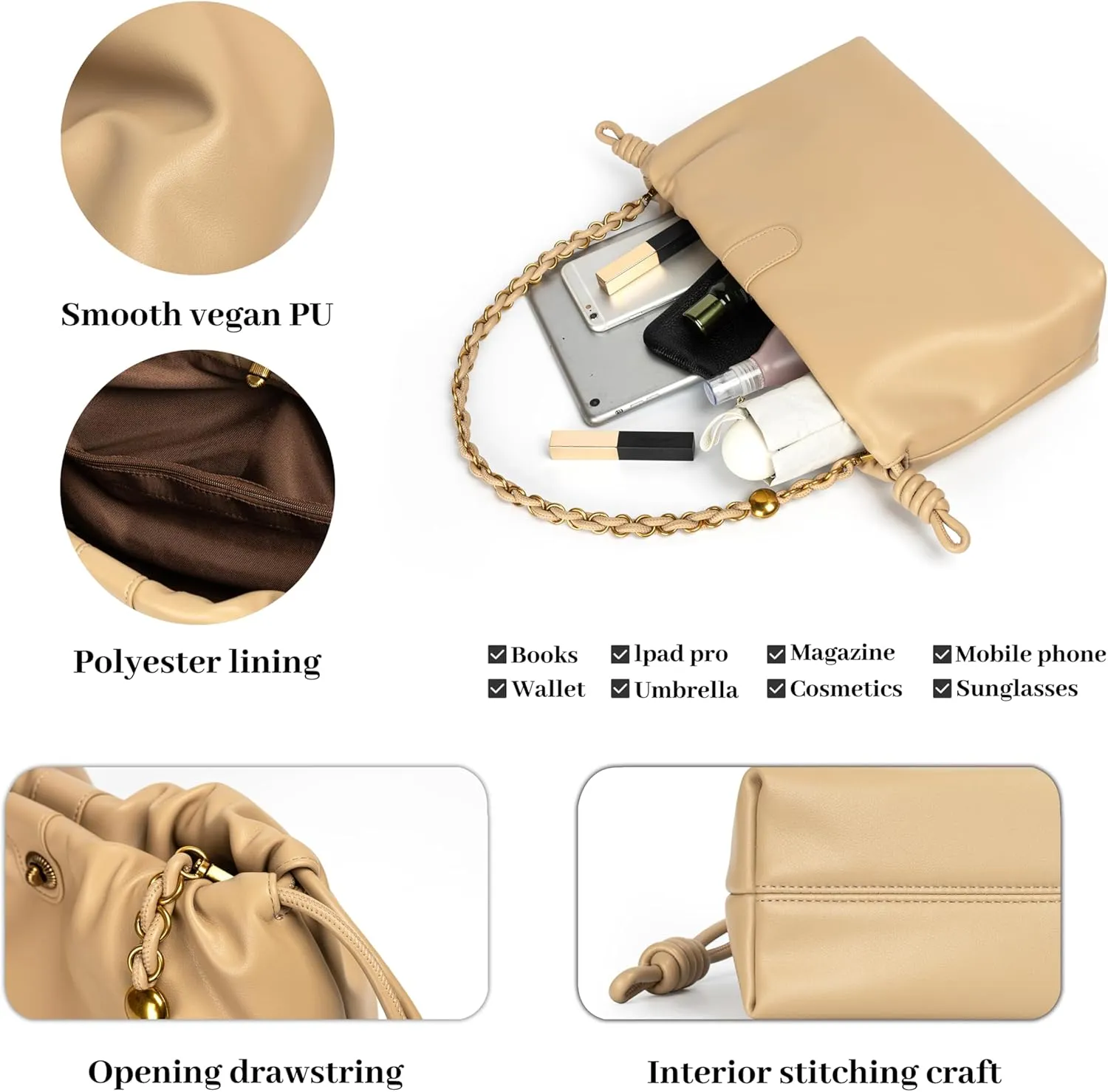 Drawstring Hobo Purse for Women Trendy Bucket Shoulder Bag With Top Chain Handle And Long Crossbody Strap