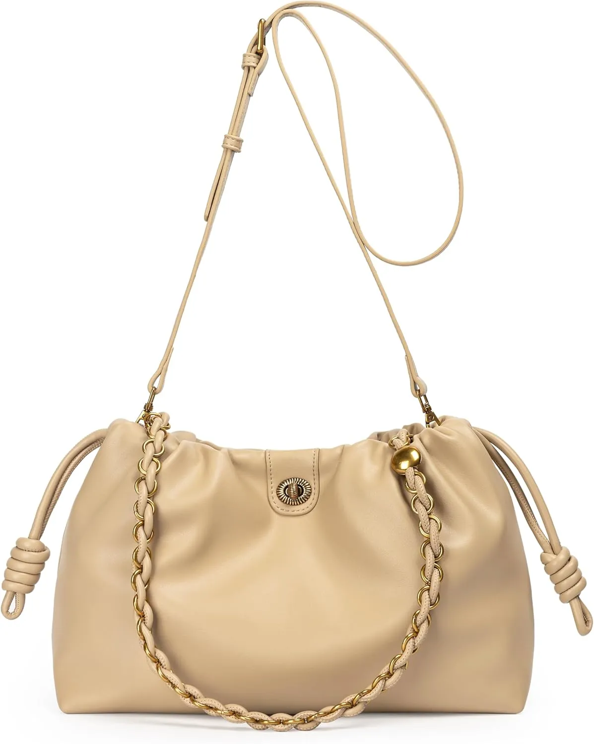 Drawstring Hobo Purse for Women Trendy Bucket Shoulder Bag With Top Chain Handle And Long Crossbody Strap