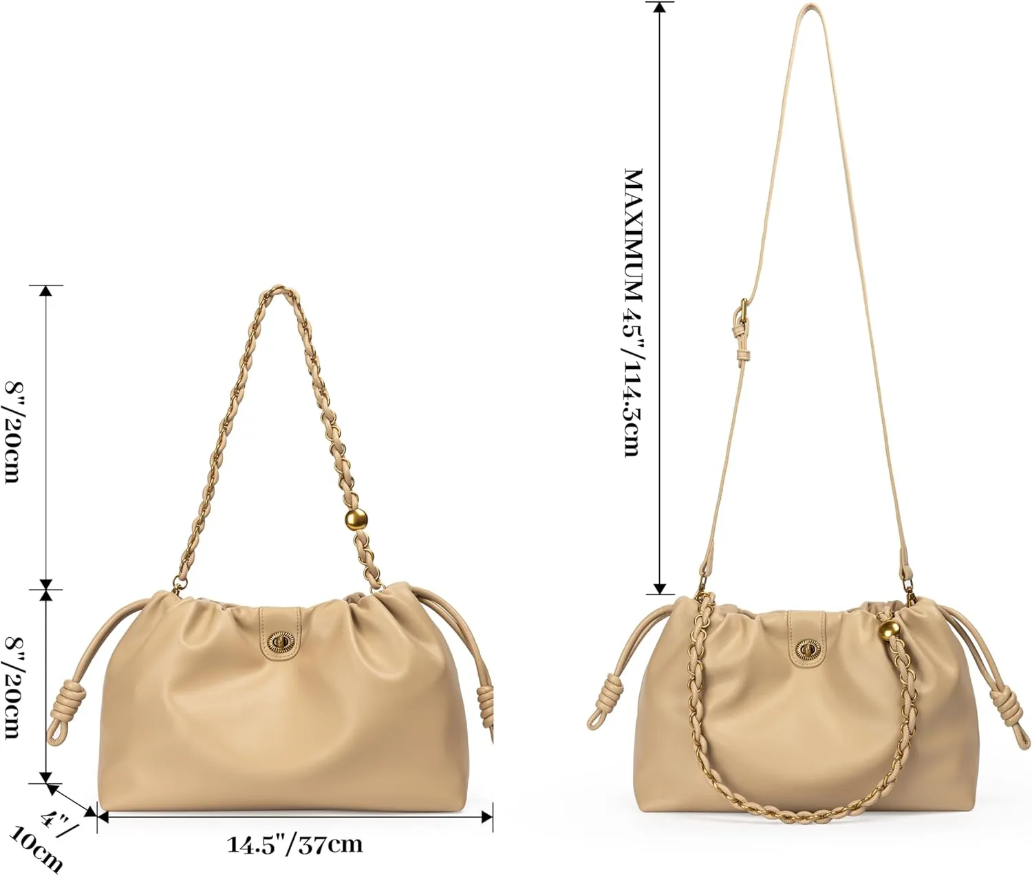 Drawstring Hobo Purse for Women Trendy Bucket Shoulder Bag With Top Chain Handle And Long Crossbody Strap