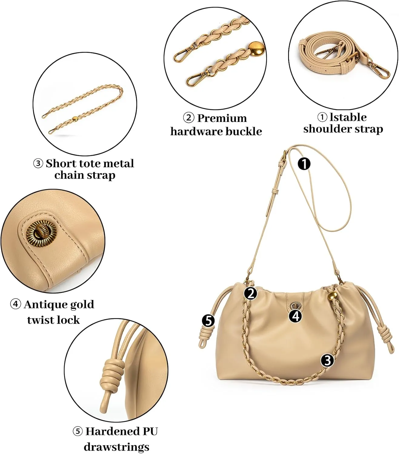 Drawstring Hobo Purse for Women Trendy Bucket Shoulder Bag With Top Chain Handle And Long Crossbody Strap
