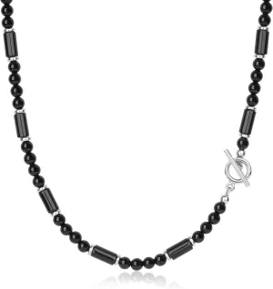 GAVU Men's Onyx & Tiger Eye Stone Beaded Necklace, 20"/22"/24" Stainless Steel OT Clasp