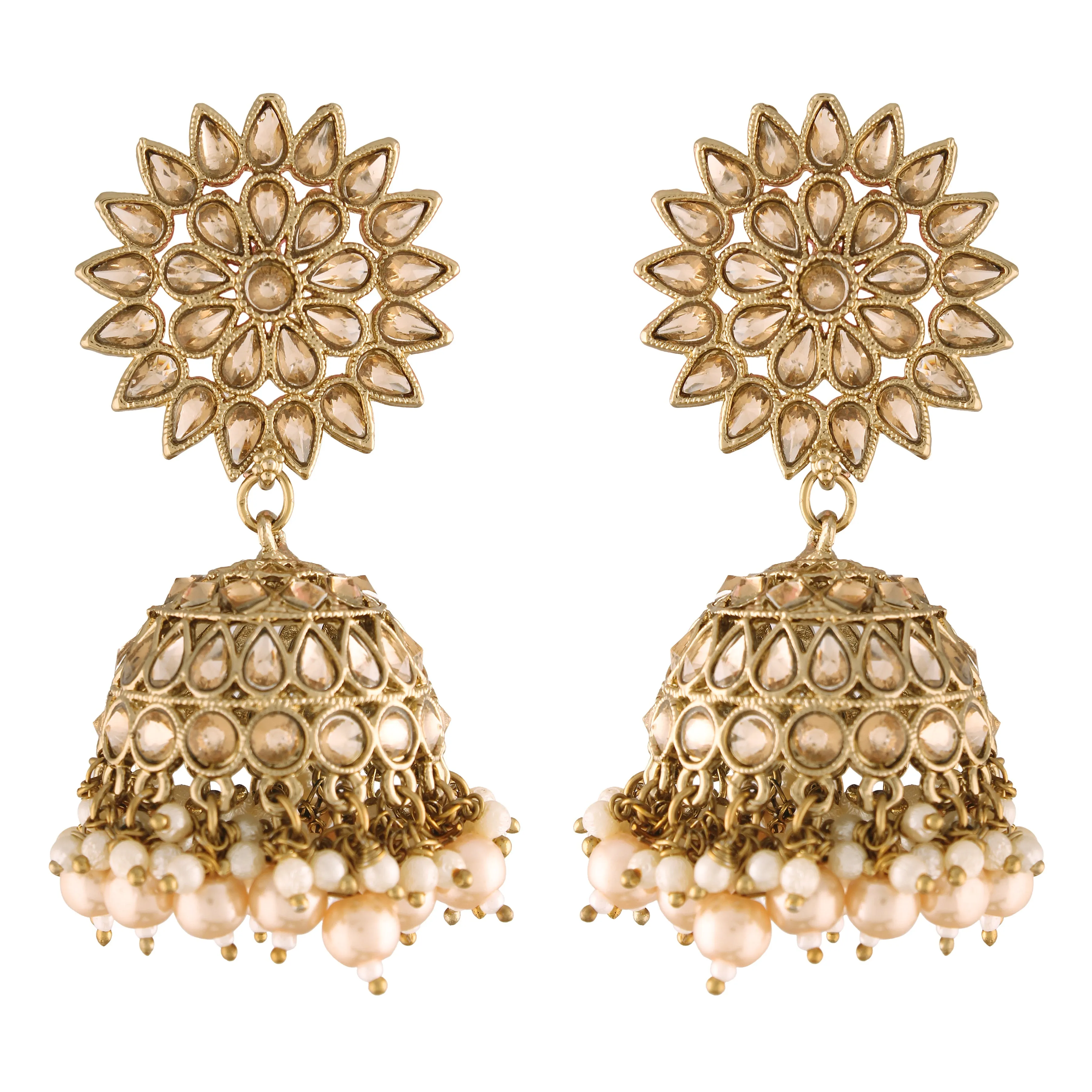 Gold Plated Traditional Handcrafted Jhumki Earrings Encased with Faux Kundan & Pearl for Women/Girls