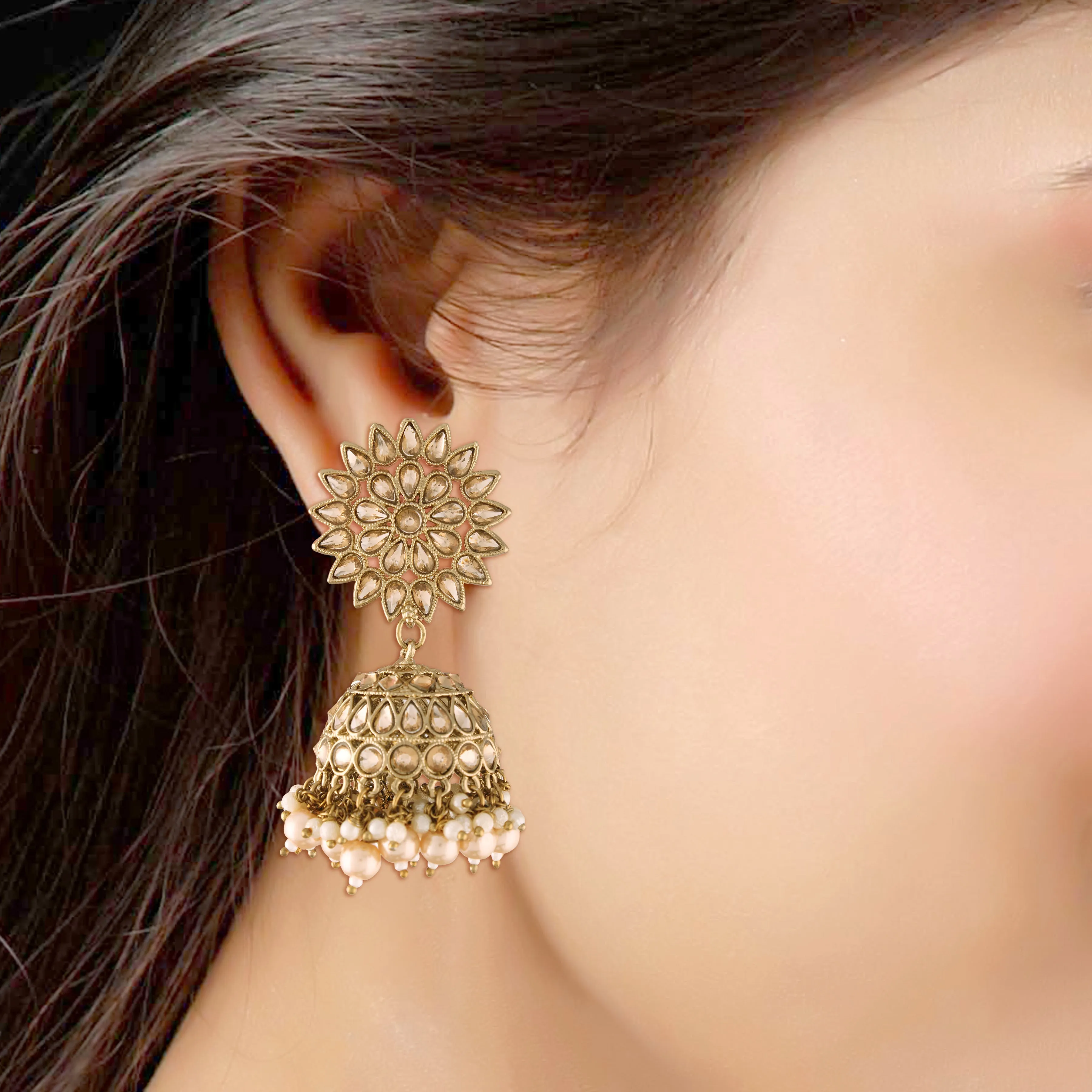 Gold Plated Traditional Handcrafted Jhumki Earrings Encased with Faux Kundan & Pearl for Women/Girls