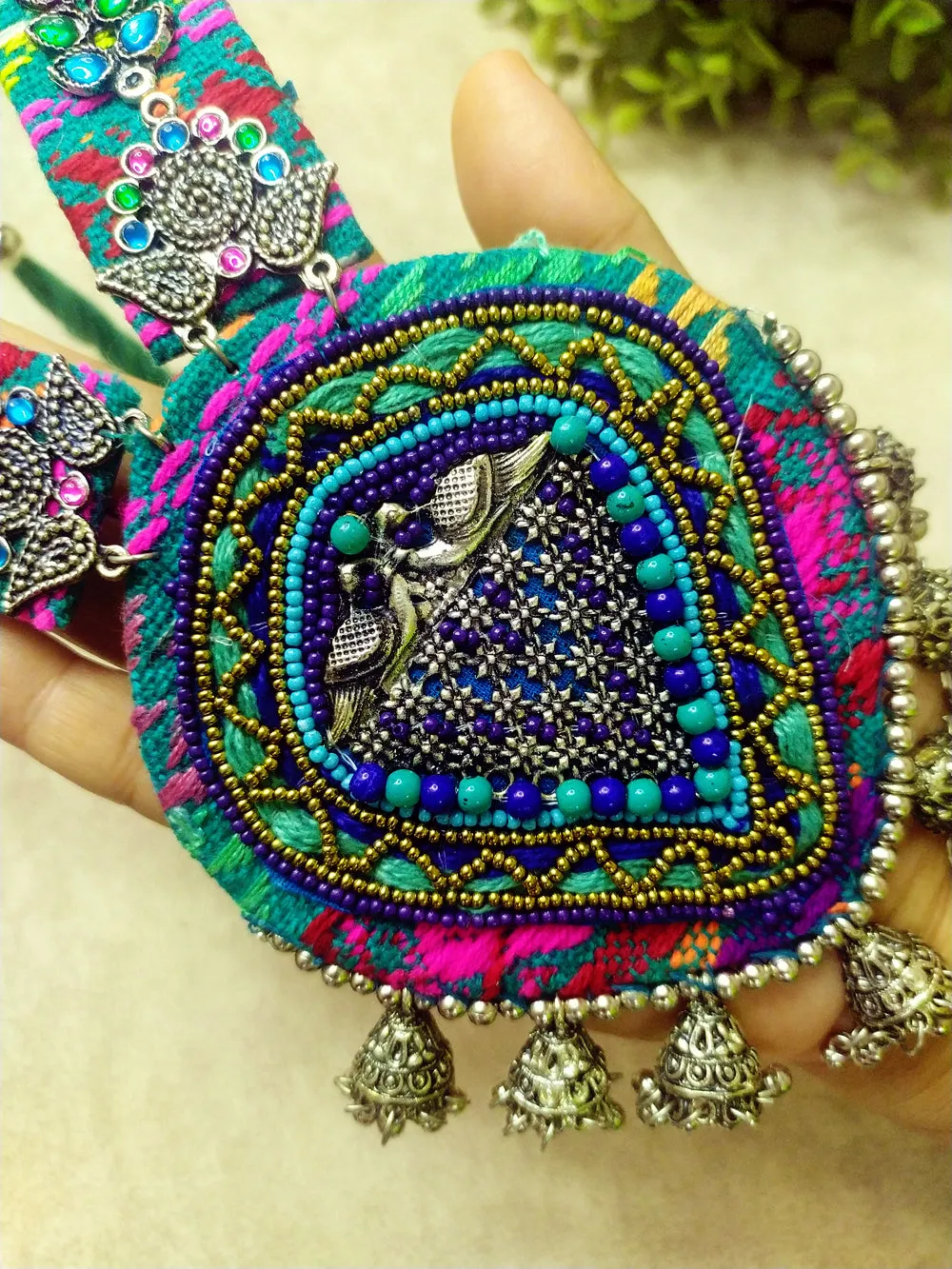 Handmade Fabric and Beaded Tribal Necklace with Elegant Design