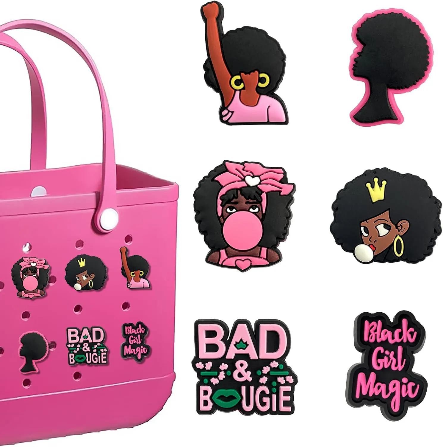 Hikkcos 6Pcs Pink Black Girl Charms for Bogg Bag Clips Insert Bogg Bag Accessories for Women Totes, Bag Charms for Simply Southern Totes,Rubber Tote Bag