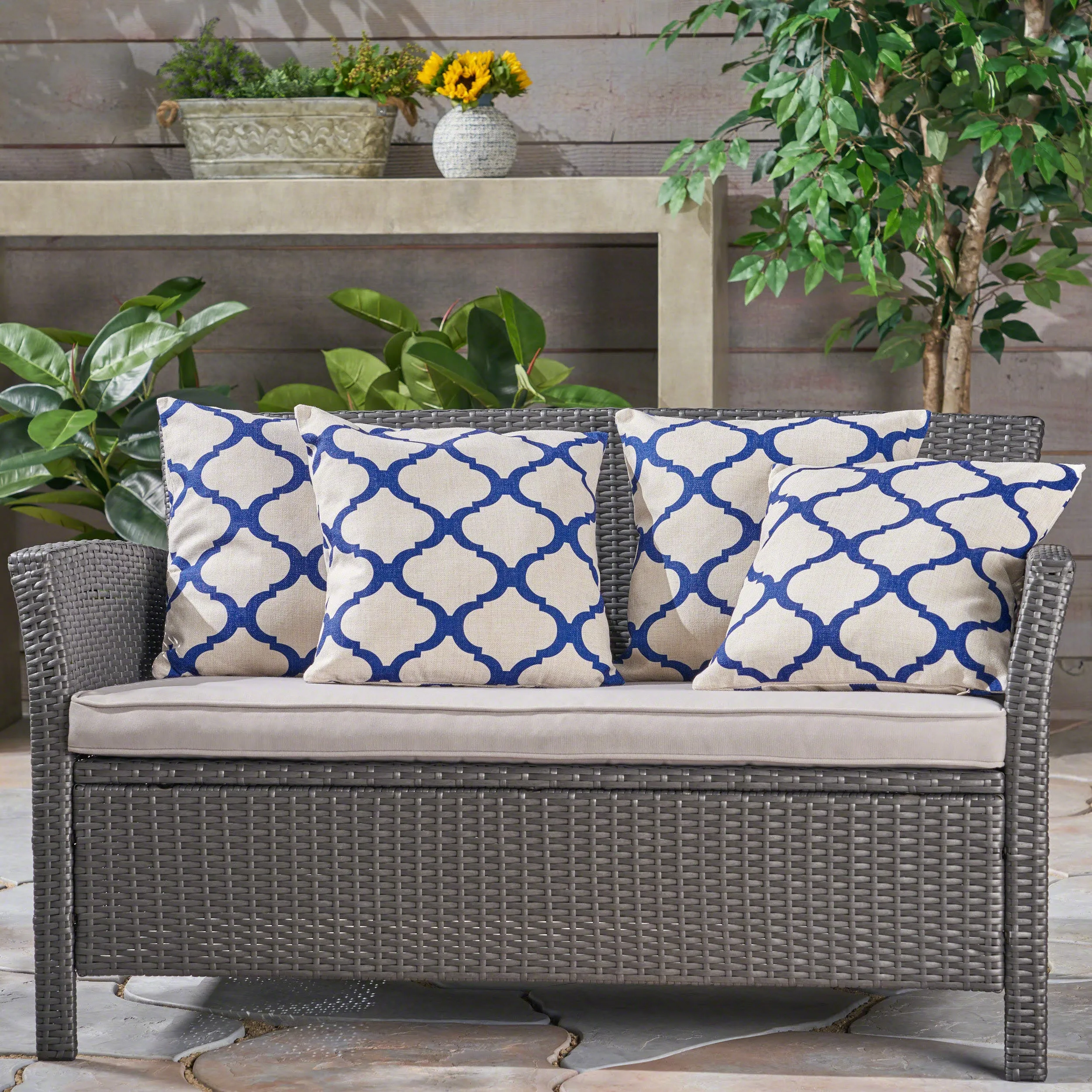 Isia Outdoor 18-inch Water Resistant Square Pillows, Blue on Beige
