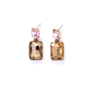 Kara Twin Gem Crystal Stud Earrings in Antique Gold with Pink and Champagne