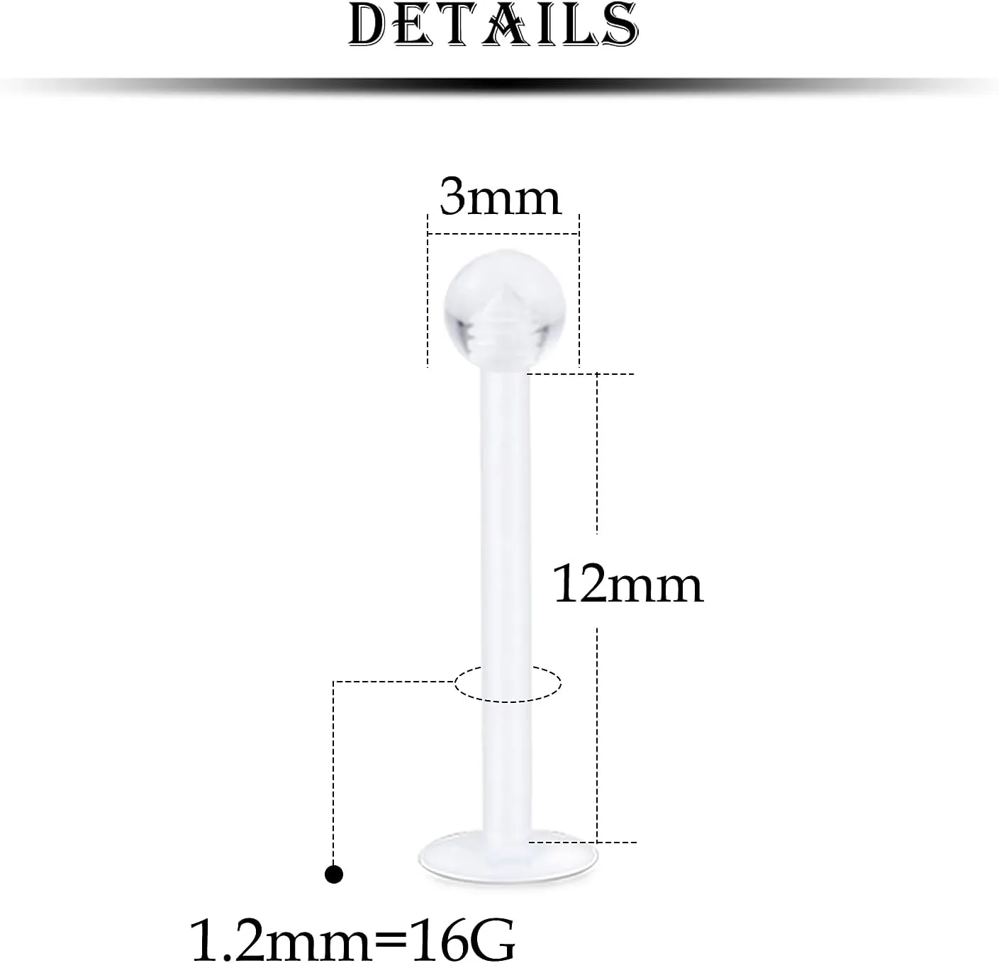 Kridzisw 16G 18G Clear Plastic Push in Lip Labret Medusa Monroe Nose Piercing Retainers for Surgery Sport Work Bioflex Flat Back Tragus Helix Catilage Conch Earrings for Women Men 6mm 8mm 10mm 12mm