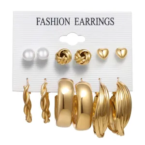 Ladies Gold Smooth Twist Hoop Faux Pearl Heart 6 Pair Earrings