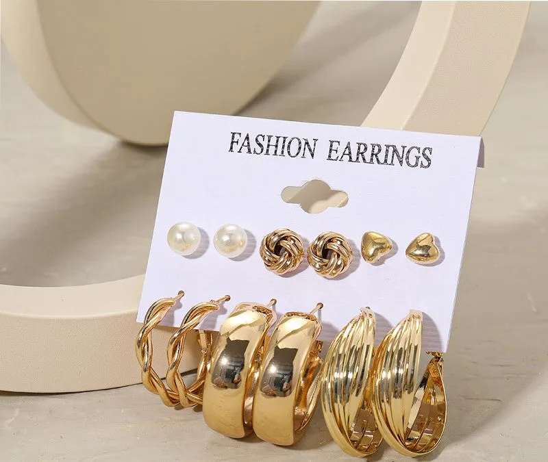 Ladies Gold Smooth Twist Hoop Faux Pearl Heart 6 Pair Earrings