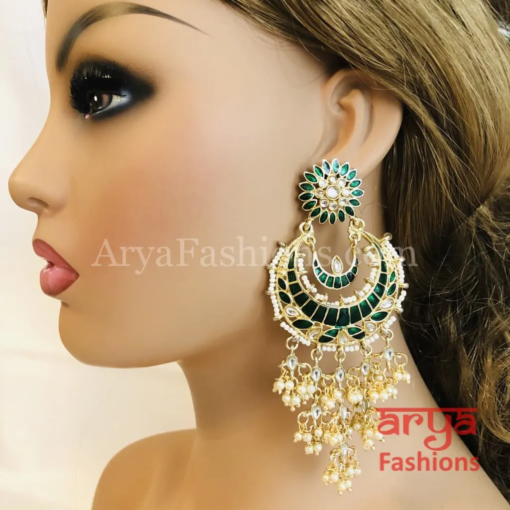 Mahi Kundan Meenakari Long Chandbalis with Pearl Beads